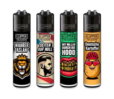 Clipper CLASSIC Large – Jugendwort #10 4er Set mit „Wahrer Aslan“, „Seiten auf Null“, „Mit Millen durch die Hood“ und „Deutsche Kartoffel“; nachfüllbar, Softflame.